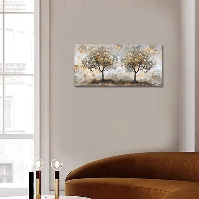 Landscape Gold Tree Wall Art - Autumn Golden Forest Canvas Painting - Bedroom & Living Room Decor