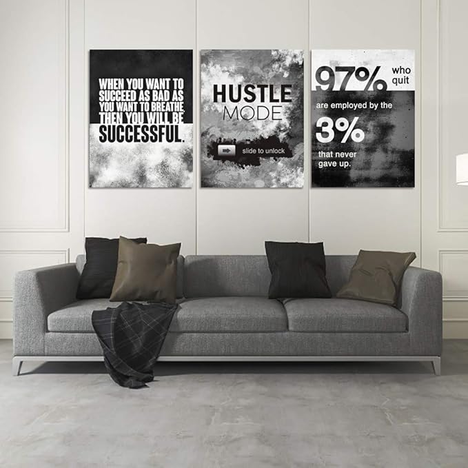 Motivational Office Wall Decor, Inspirational Canvas Wall Art, 3 Pieces Hustle Posters Prints Entrepreneur Success Quote Wall Decor for Lobby Meeting Room Hallway Living Room(60”Wx28”H)