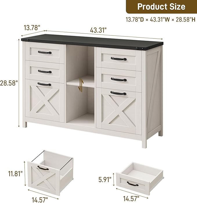 Farmhouse Lateral Filing Cabinet, Lateral File Cabinet with 6 Drawers and Adjustable Shelf, Large Printer Stand with 2 File Drawers for Letter/A4 Size Hanging Files for Home Office, White and Black