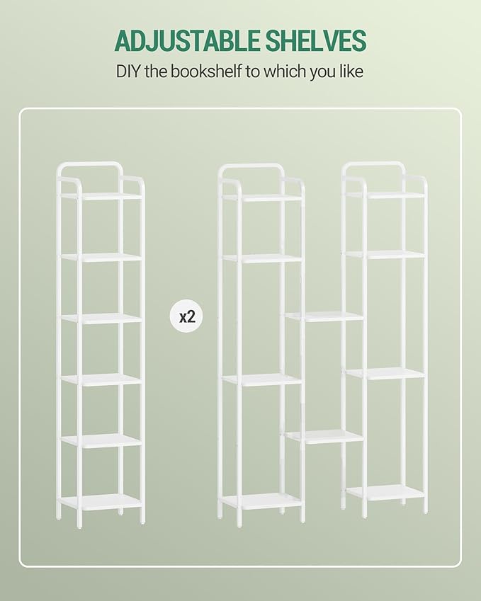 Bookcase Bookshelf, Narrow Book Shelf, Industrial Corner Shelf Storage Organizer, Slim Shelving Unit for Home Office, Living Room, Bedroom, Kitchen, 6-Tier White BC24613W