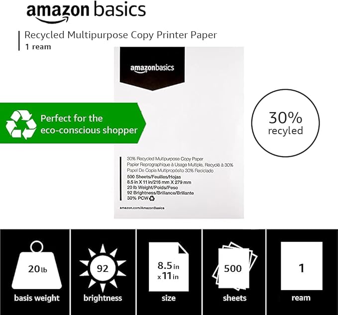 Amazon Basics 30% Recycled Multipurpose Copy & Print Paper, 8.5 x 11 Inches, 20 lb Weight, 92 Bright, White, 500 Sheets (1 Ream)