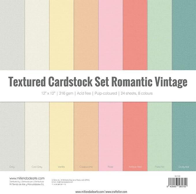Craftelier - Cardstock Set Textura Romantic Vintage | Pack of 24 Double Sided Cardstock for Card Making, Scrapbooking and Craft Projects | Weight 216 grams | Size 30,48 x 30,48 cm (12" x 12")