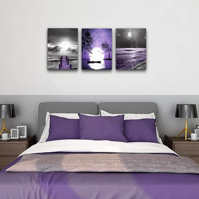 DZRWUBHS Inspirational Canvas Wall Art for Living Room, Bedroom, Office - Black and White Pictures Artwork, Purple Ocean Landscape Painting - Modern Home Decor, 3 Piece