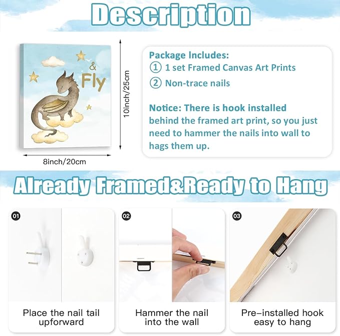CHDITB Dinosaur Canvas Wall Art Nursery Wall Decor, Set of 6(8x10 inch) Cute Dream Dinosaur Cub Framed Art Prints, Baby Dinosaurs Cartoon Castle Animals Poster For Children's Boy Kids Room Bedroom