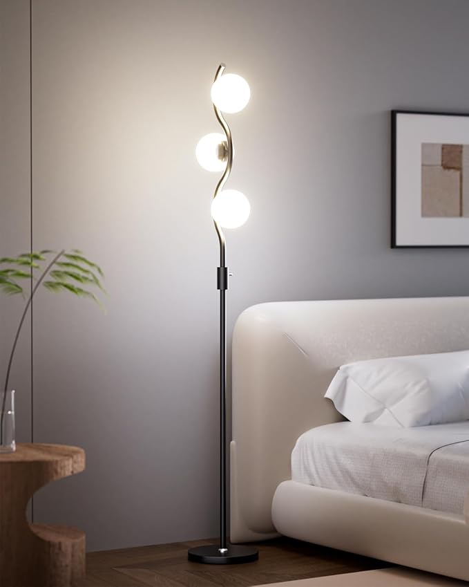 Lightdot 60IN 3-Globe Dimmable Black Floor Lamp Mid Century Standing Lamps with 3Pcs 3000K Warm White Bulbs Included Brightness Adjustable Modern Tall Lamp for Bedroom/Sofa Beside/Corner Decor