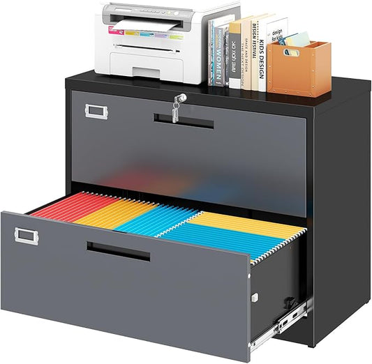 2 Drawer Locking Lateral File Cabinet, Wide&Deep Metal Filing Cabinet for Letter/Legal/A4/F4 Files, Includes Card Holder and Hanging Folders for Home Office, School, Business