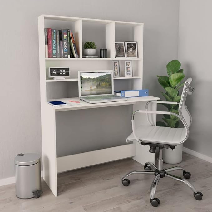 Modern Computer Desk Writing Study Table with Upper Cabinet, Home Office Student Table Laptop PC Writing Desk Home Office Writing Desk, White 43.3"x17.7"x61.8"