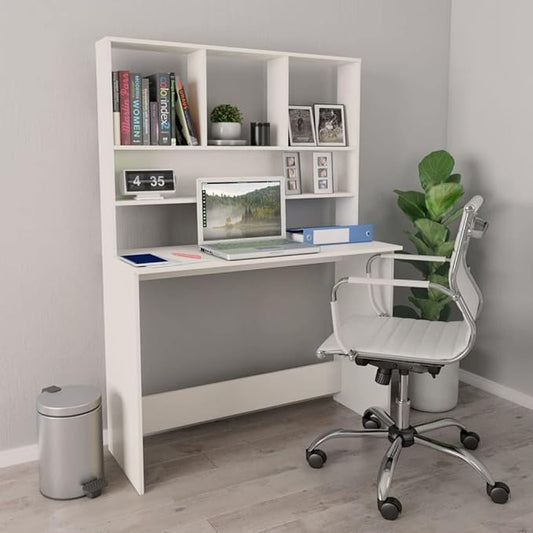 Modern Computer Desk Writing Study Table with Upper Cabinet, Home Office Student Table Laptop PC Writing Desk Home Office Writing Desk, White 43.3"x17.7"x61.8"