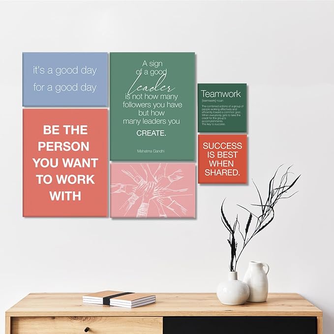 YEOION Inspirational Office Wall Art for Women,Motivational Teamwork Wall Decor for Office,Orange and Green Postive Quote Workplace Canvas Wall Art for Set of 6