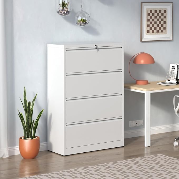 4 Drawer Lateral File Cabinet with Lock for Home Office Metal Filing Cabinet with Adjustable Hanging Rails Horizontal Filing Organization Storage Cabinet for Letter/Legal/A4/F4 Size White