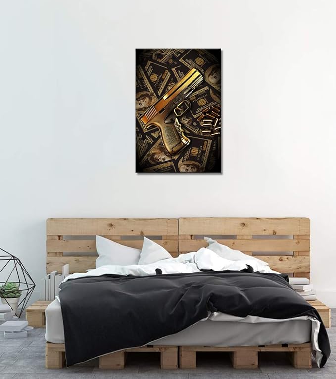 Inspirational Wall Art Handgun Money Killer Canvas Wall Decor Dollar Gun Lover Gift Motivational Poster Print for Office Home Wall Decor 24x36in