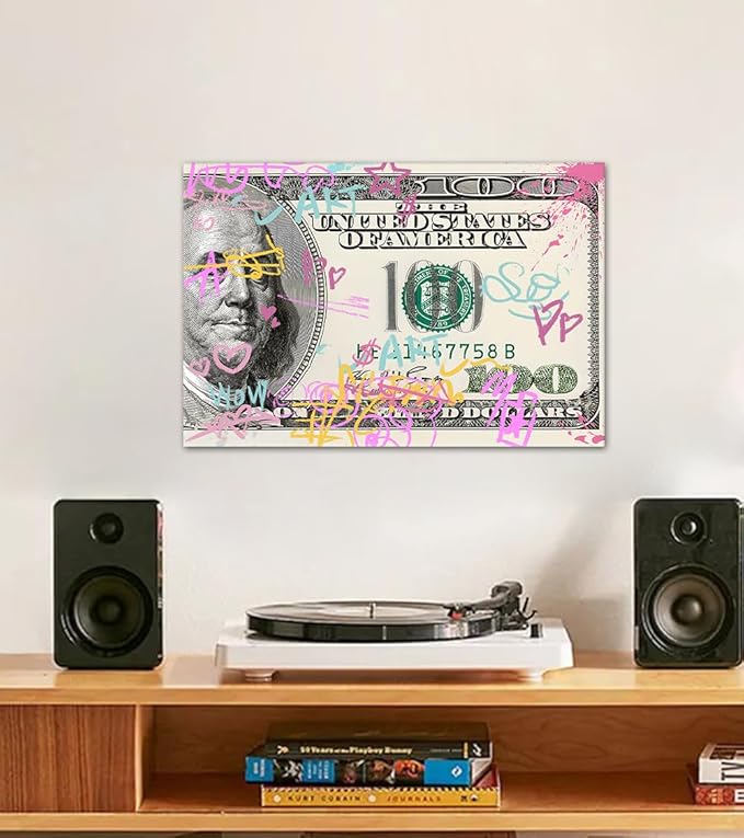 Money Buys Freedom Motivational Wall Art for Office Workplace Canvas Paintings Graffiti 100 Dollar Artwork Wooden Framed Easy to Hang-12x16 inches