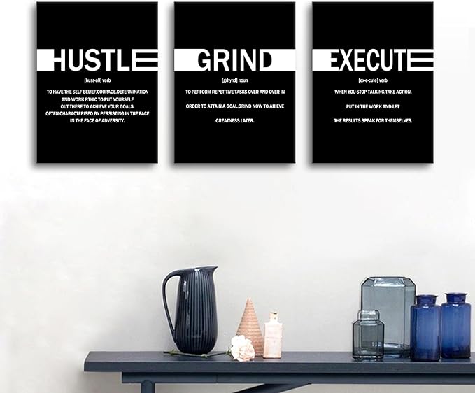 Inspirational Canvas Wall Art Motivational Hustle Grind Execute Print Poster Positive Entrepreneur Quotes Picture Painting Wall Decor for Home Bedroom Office Artwork Ready to Hang [36''Wx16''H]