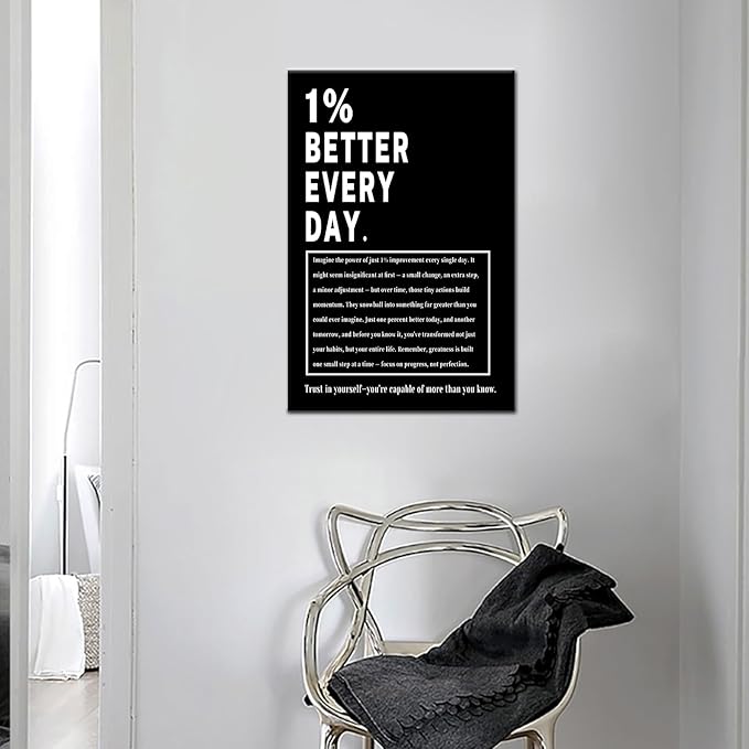 Motivational Wall Art 1% Better Every Day Inspirational Office Decor Framed Canvas Print Small Workout Poster for Home Gym Growth Mindset Sign Positive Daily Affirmation Decor [12''Wx18''H]