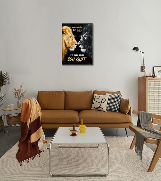 It's Not Over When You Lose, It's Over When You Quit Inspirational Quotes Wall Art - Framed Black and Gold Lions Canvas Print Motivational Animal Wall Decor Modern Office Home Picture (18x24 in)