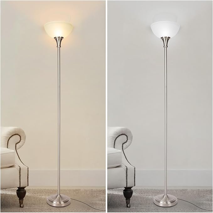 HonoDing Floor Lamp Frosted White Glass Bowl Shade - for Room Decor - Bedroom Decor - Floor Lamp for Bedroom - Floor Lamps for Living Room (Brushed Nickel)