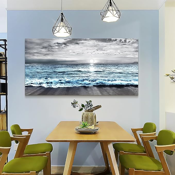 Large Size Wall Decorations For Living Room Framed Canvas Wall Art For Bedroom Office Wall Decor Black And White Wall Painting Blue Ocean Sea Wave Pictures Artwork Beach Posters Home Decor 30" X60