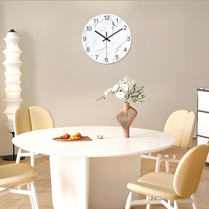 Modern White Marble Glass Wall Clocks Battery Operated 14 Inch Abstract Decorative Wall Clocks Round Minimalist Silent Wall Clock for Living Room