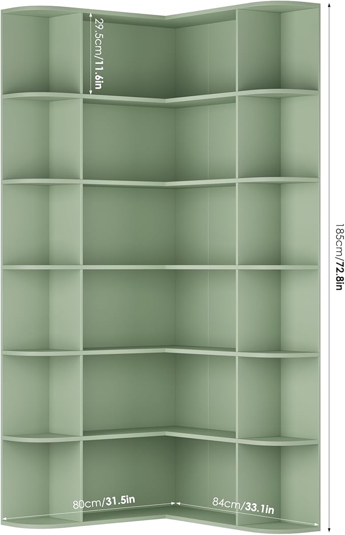 FOTOSOK 74” Tall Corner Bookshelf, 6-Tier Bookshelf and Bookcase with Open Storage, Tall Bookcases Wooden Storage Shelves for Home Office, Thickened Boards for Better Load Bearing, Green