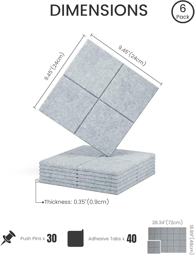 Fluxynara Felt Bulletin Board Tiles -28"x18" Cork Board Alternative for Office Decor, Push Pin Board Wall Organizer 6-Pack -Blue Gray