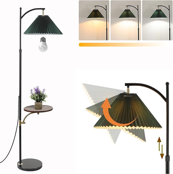 Floor Lamp with Table for Living Room, Tall Standing Lamps with Shelves, Height Adjustable Lamp Table Combo, Dimmable Corner Rustic Lamps with Tray for Bedroom Office, Bulb Included (Pleated Green)