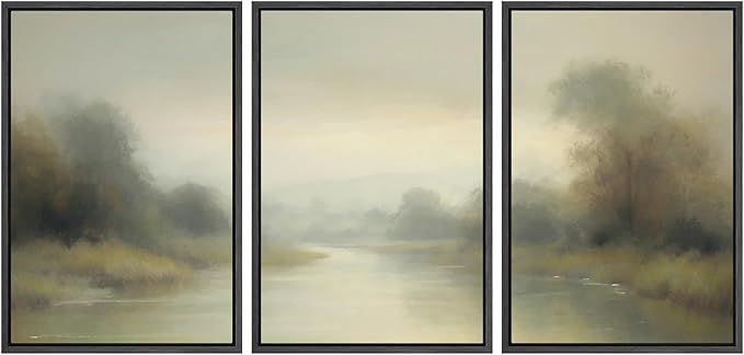 SIGNWIN Framed Wall Art Print Set Misty River Landscape Soft Neutral Nature Scene Photography Modern Art Closeup Relax/Calm Dark for Living Room, Bedroom, Office - 24"x36"x3 Black