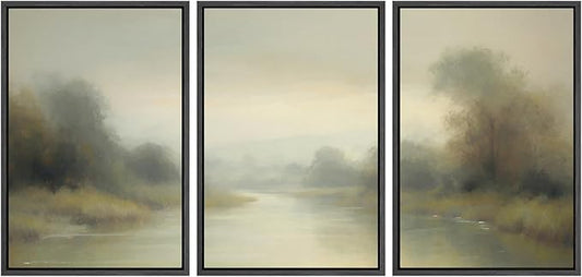 SIGNWIN Framed Wall Art Print Set Misty River Landscape Soft Neutral Nature Scene Photography Modern Art Closeup Relax/Calm Dark for Living Room, Bedroom, Office - 24"x36"x3 Black