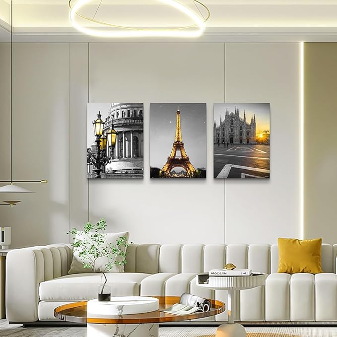Black and white Architectural landscape Canvas Wall Art for Living Room kitchen Wall Artworks Bedroom Decoration, 3 Piece framed bathroom Home Wall decor posters Yellow Eiffel Tower wall painting