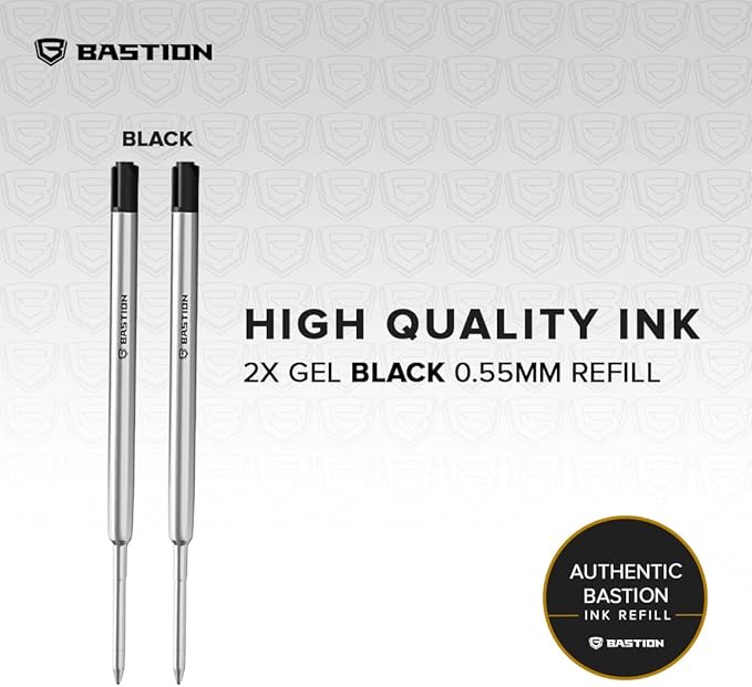 BASTION® Premium Pen Refill, Deeply Pigmented Ink for All Bolt Action Luxury Pens, Standard Ink Refill with 0.55mm Fine Tip - Black Gel, 2 PCs