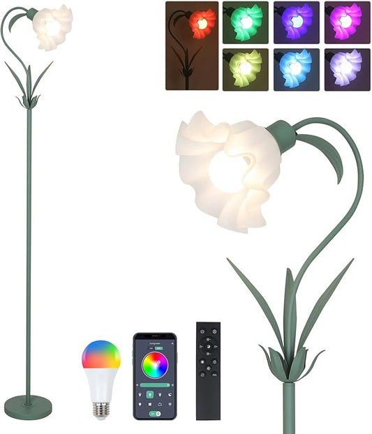 HMVPL Flower Floor Lamp for Living Room, Flower Standing Lamp with Remote Control, Floral Cute Tall Lamp with RGB Bulb, Dimming, Timer, Arc Vintage Floor Lamp for Bedroom Corner Kids Room Reading