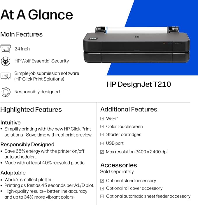 HP DesignJet T210 Large Format 24-inch Color Plotter Printer for Easy Wide CAD & Poster Prints (8AG32D)