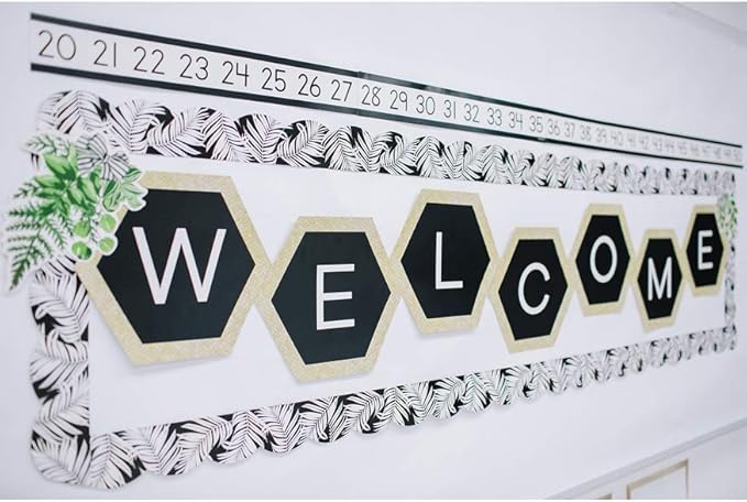 Schoolgirl Style Simply Boho 20-Piece Welcome Bulletin Board Sets for Classrooms, Boho Welcome Sign for Classroom, Black and White Boho Back-to-School Classroom Décor