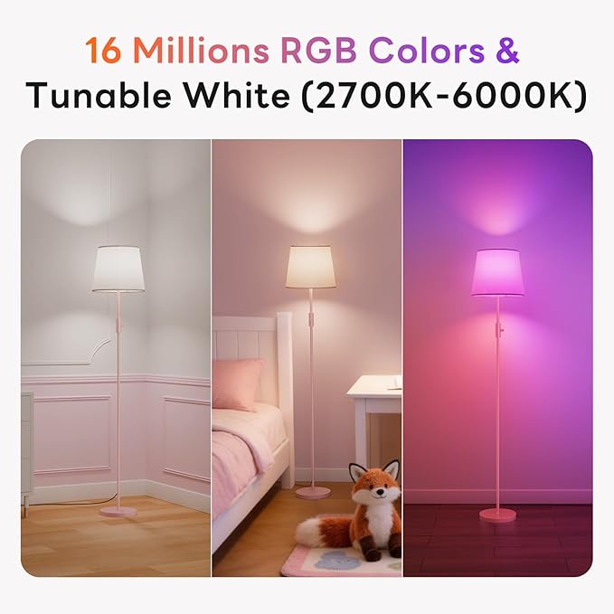 Smart Floor Lamp with RGBCW Color Change Bulb, Compatible with Alexa, Siri, Google Voice & App Control, Standing Lamp with Linen Shade, Tall Lamp for Living Room, Bedroom, Office,Pink