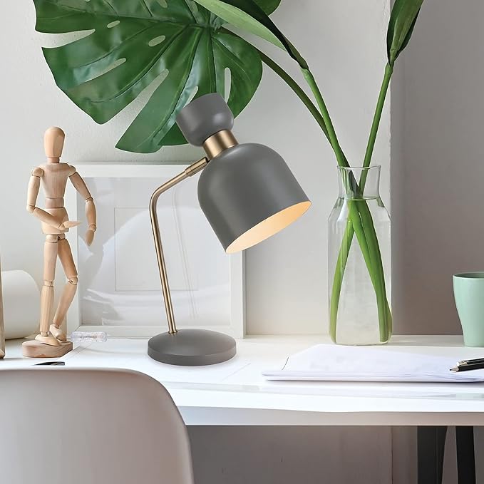 Globe Electric 52298 Harper 16" Desk Lamp, Matte Gray, Matte Brass Arm and Pivot Joint, in-Line On Off Switch
