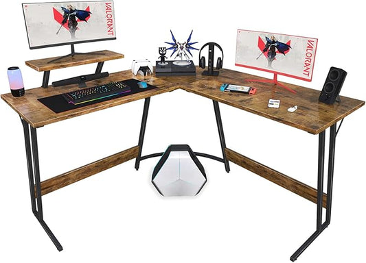 Homall L Shaped Gaming Desk Computer Corner Desk PC Gaming Desk Table with Large Monitor Riser Stand for Home Office Sturdy Writing Workstation (Classical Brown, 51 Inch)