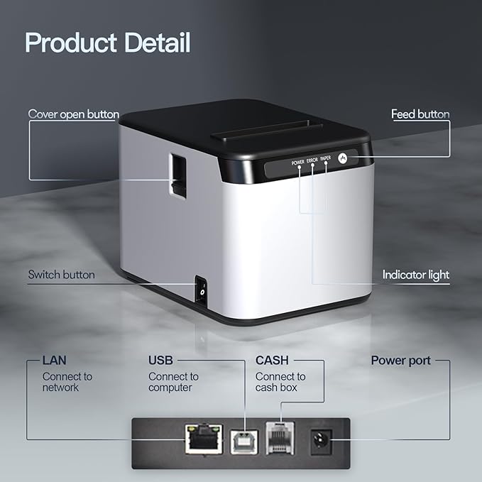 Bisofice 80mm Receipt Printer ESC/POS Thermal Printer Desktop Direct Print USB+LAN Connection High Efficiency with Auto Cutter Large Paper Bin for Shipping Business Restaurant Kitchen Supermarket