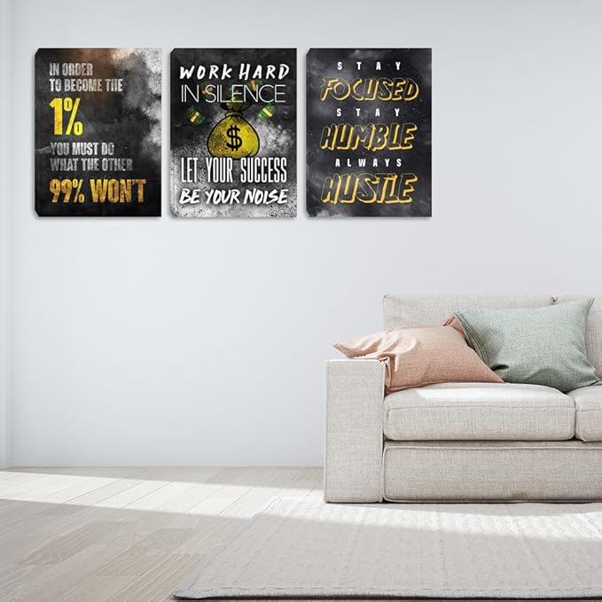 Halioyo Inspirational Wall Art, 3 Panel Black Gold Motivational Painting Picture, Entrepreneur Office Success Canvas Prints for Workplace Living Room Bedroom(60" W x 28 H), Ready to Hang