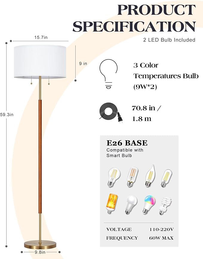 BTP Mid Century Floor Lamp for Bedroom, 2-Lights Wood Floor Lamp with Dual Switch, Tall Reading Standing Light for Living Room Office Farmhouse, 3 Color Temperatures 9W Bulbs*2 Included