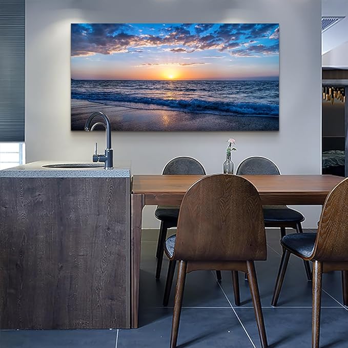 Wapluam Beach Wall Art -Blue Sea Coastal Sunset Natural Scenery Picture -Print On Canvas Ocean Seascape Canvas Print Artwork for Living Room Bedroom Bathroom Home and Office Wall Decor 24" x 48"