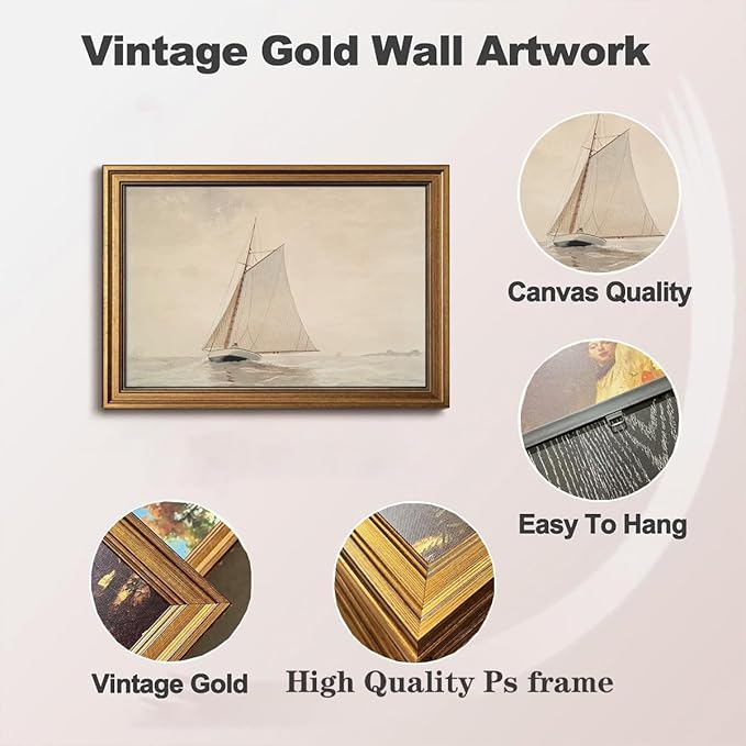 Gold Framed Wall Art Vintage Canvas Wall Art White Sailboat Seaview Seascape Artwork Prints Picture for Living Room Bedroom Farmhouse Bathroom Office Decor, 12x16
