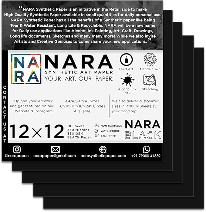 Nara Alcohol Ink Paper | Black, 12 x 12 inches, 350 Microns/360 GSM, Medium+, 10 Sheets, Stain-Free