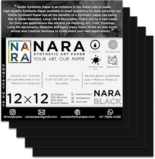 Nara Alcohol Ink Paper | Black, 12 x 12 inches, 350 Microns/360 GSM, Medium+, 10 Sheets, Stain-Free