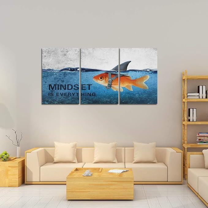 Inspirational Canvas Wall Art Blue Goldfish Pictures Posters Painting on Canvas Abstract Shark Motivational Entrepreneur Quotes Office Decor Artwork Bedroom Framed Ready to Hang - 60"W x 28"H
