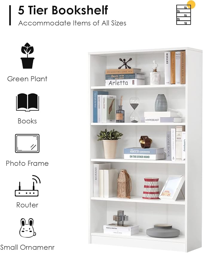 Farini White Bookshelf for Bedroom 5 Shelf Office Bookcase 60 Inches Tall Modern Wood Bookshelf for Living Room 5 Tier Wide Manga Bookshelf Library Bookcase