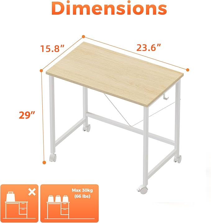 Mericonia 24 inch Rolling Computer Desk with Wheels, Gaming Desk for Small Spaces, Modern Simple Style Table for Home Office, Study Writing Table