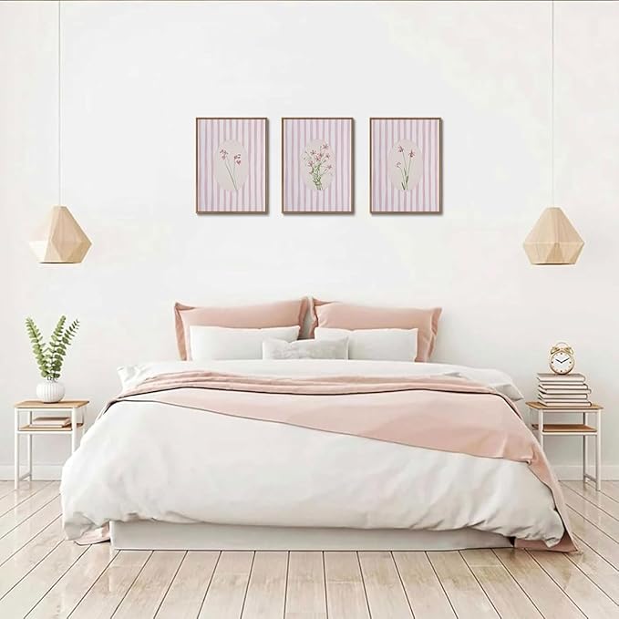 3 Piece Floral Framed Wall Art Pink Wildflower Canvas Wall Art Flower Pictures Wall Decor Boho Botanical Paintings Poster Prints for Girly Room Bedroom Living Room