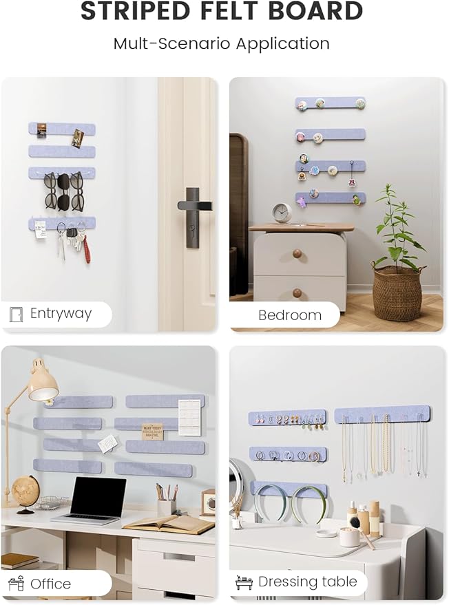 Fluxynara Cork Board Alternative Felt Strip Board 8-Pack 13"x2", Office Pin Board with 50 Push Pins, Adhesive Install for Bedroom Door & Home Office(Soft Periwinkle)