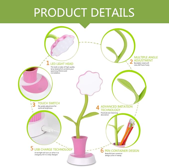Desk Lamp for Kids Sunflower LED Charging Table Lamp Support Eye Protection Small Desk Folding for Reading,Study and Office, Adjustable Brightness - Pink