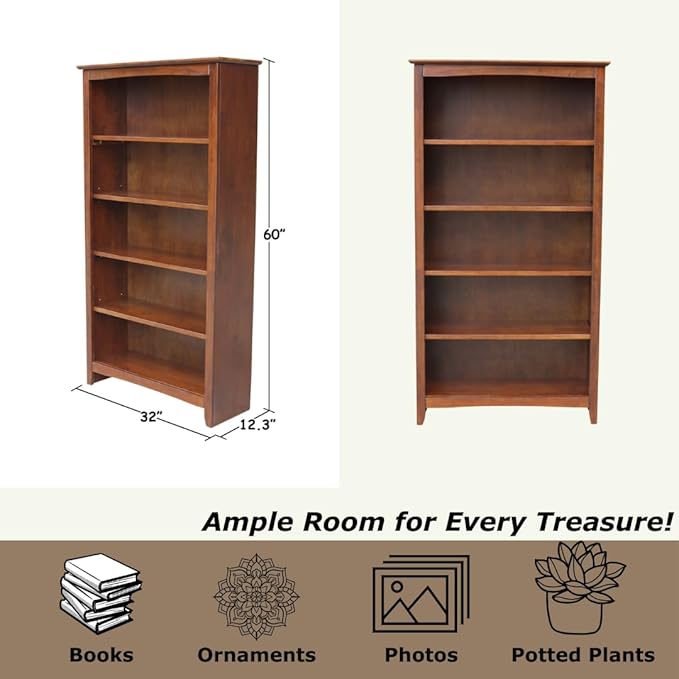 International Concepts, Solid Wood Bookcase 60" High, Adjustable Shelves, Solid, Sturdy Parawood Construction, Eco Friendly, Easy Assembly, Kitchen/Dining Furniture, Espresso