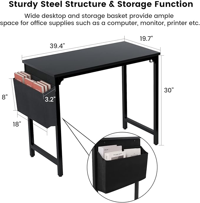Computer Desk Home Office 40“ PC Desk Black Study Writing Desk with Storage Bag Work Office Table Workstation PC Laptop Desk with Hook Student Desk for Bedroom Study Desk